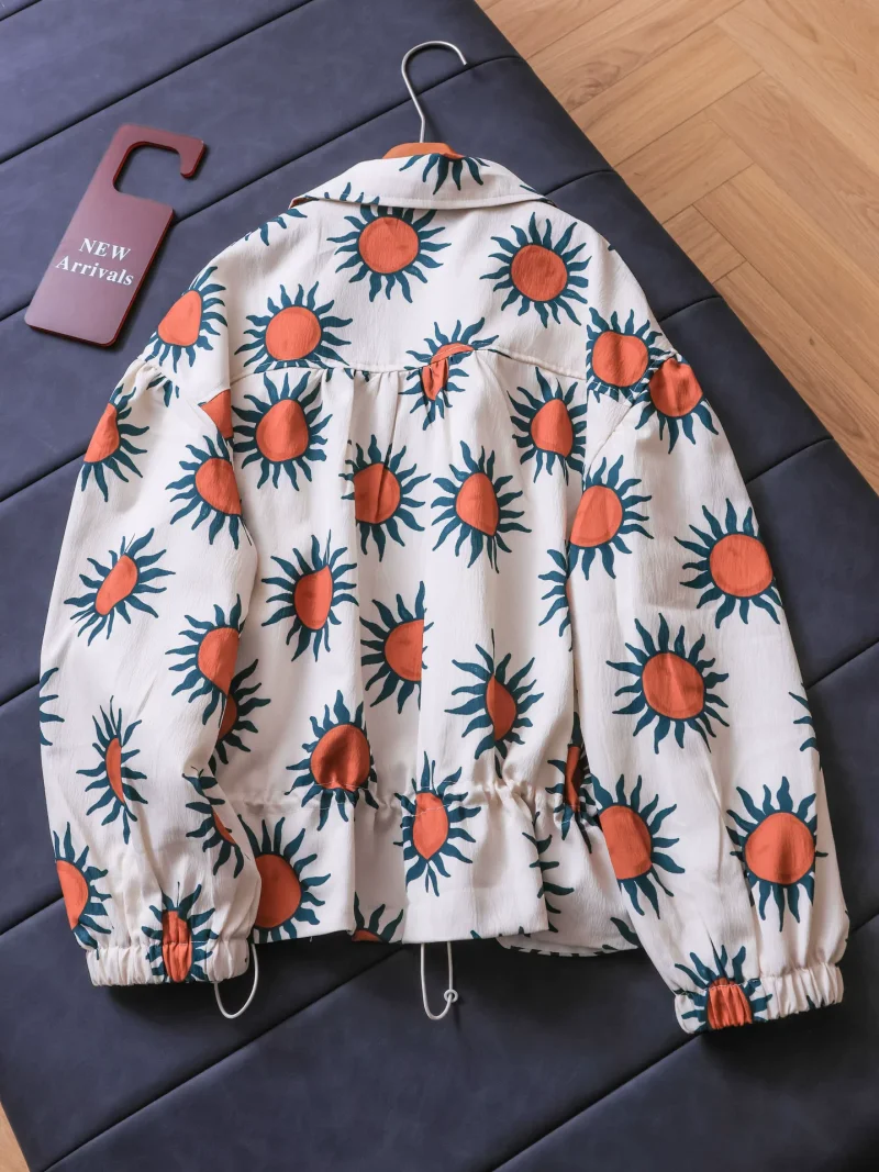 Autumn New Color Blocking Print Loose Drawstring Flower Bud Lapel Jacket Long Sleeved Female Coat 2026 Style J1889