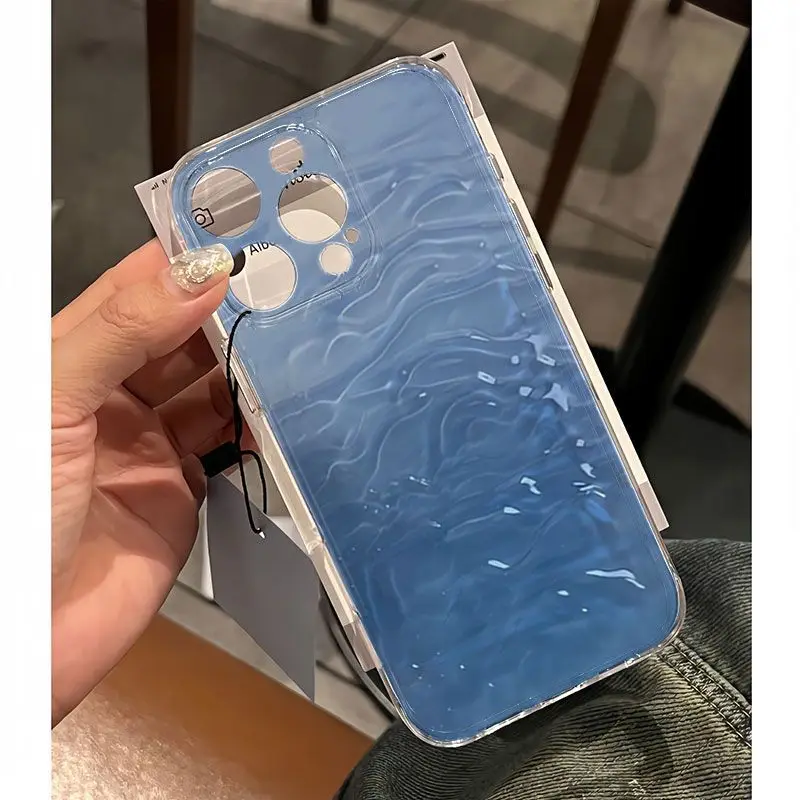 透明な漫画の青い水模様のiPhone 16 15 14 13 12 11 PROMAX XS XR 7 8 Plus用耐衝撃スマホケースカバー