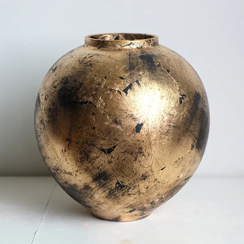 Retro Golden Round Ceramic Vase Handmade Gold Foil Ceramic Jar Flower Vase Flowerpot Home Decoration Accessories