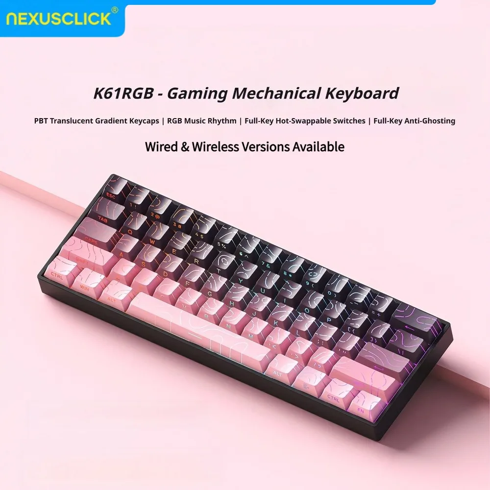 NexusClick 61 Keys Gaming Mechanical Keyboard,Hot Swappable Wired RGB PBT Keycaps Mini Compact Keyboard for Professional Gamers