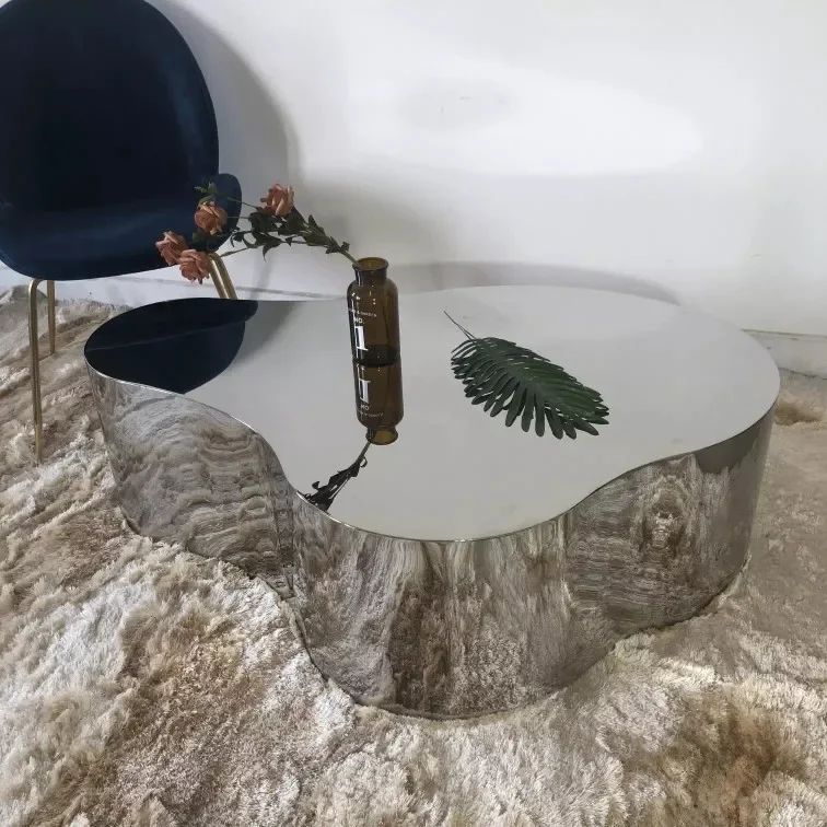 Stainless steel mirror silver, coffee table living room tea table coffee table, modern light luxury irregular