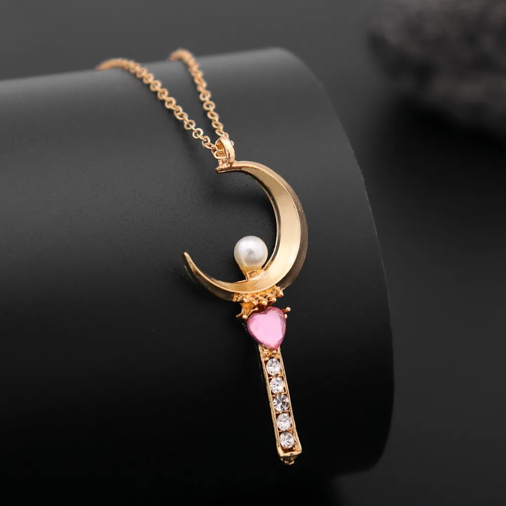 Japanese Anime Sailor Moon Loving Magic Wand Crystal Cosplay Pendant Necklace Girl Accessories Cute Cosplay Props Necklace