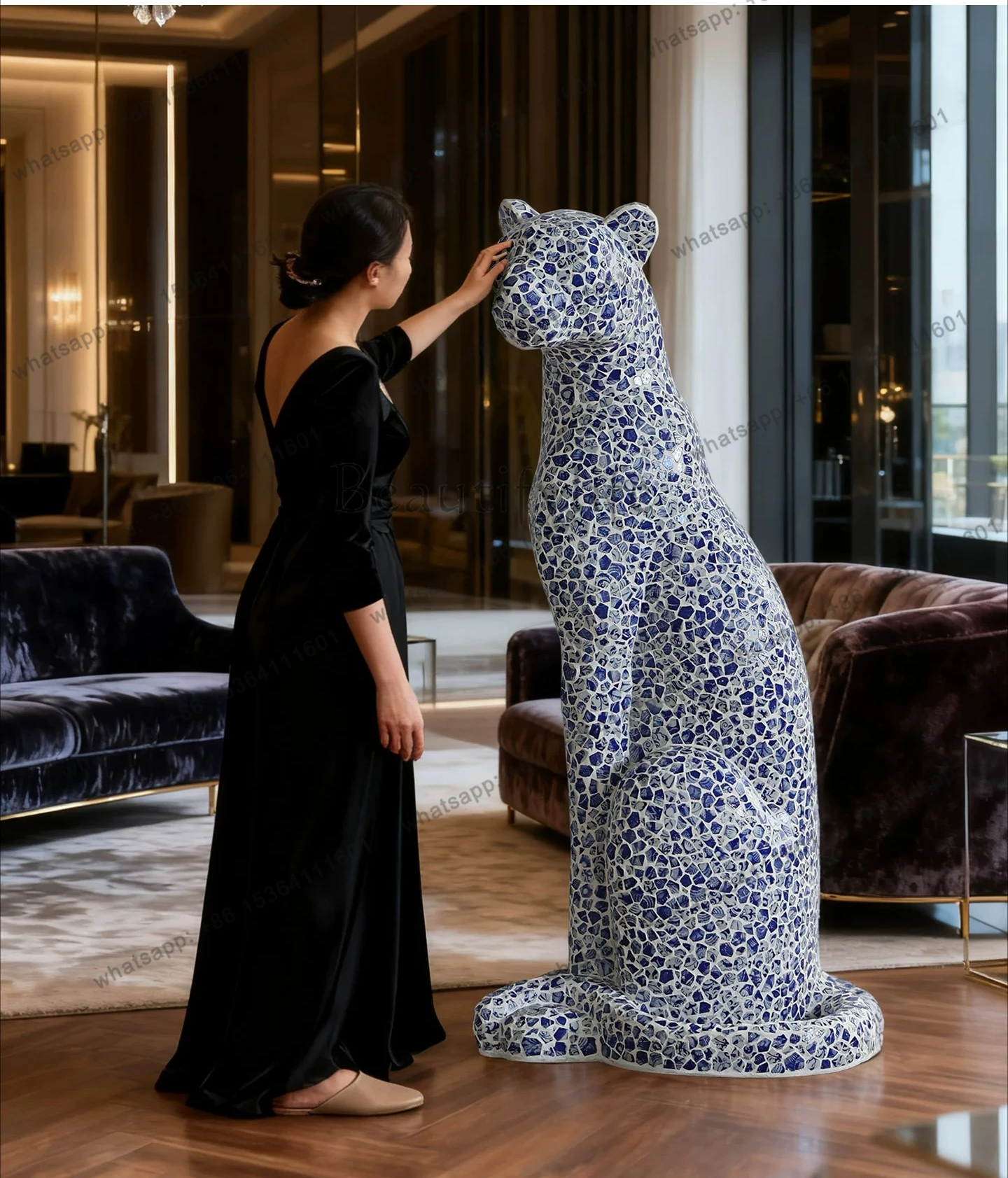 Modern blue and white porcelain patch home art decoration living room entrance feng shui floor ornament leopard large