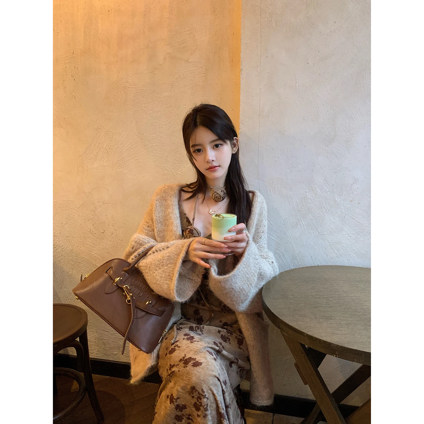 

Loose Miao Sle Diamond Pattern Knitted Cardigan Women's Autumn Winter Thiened Medium Length Sweater Coat Warmth Heating