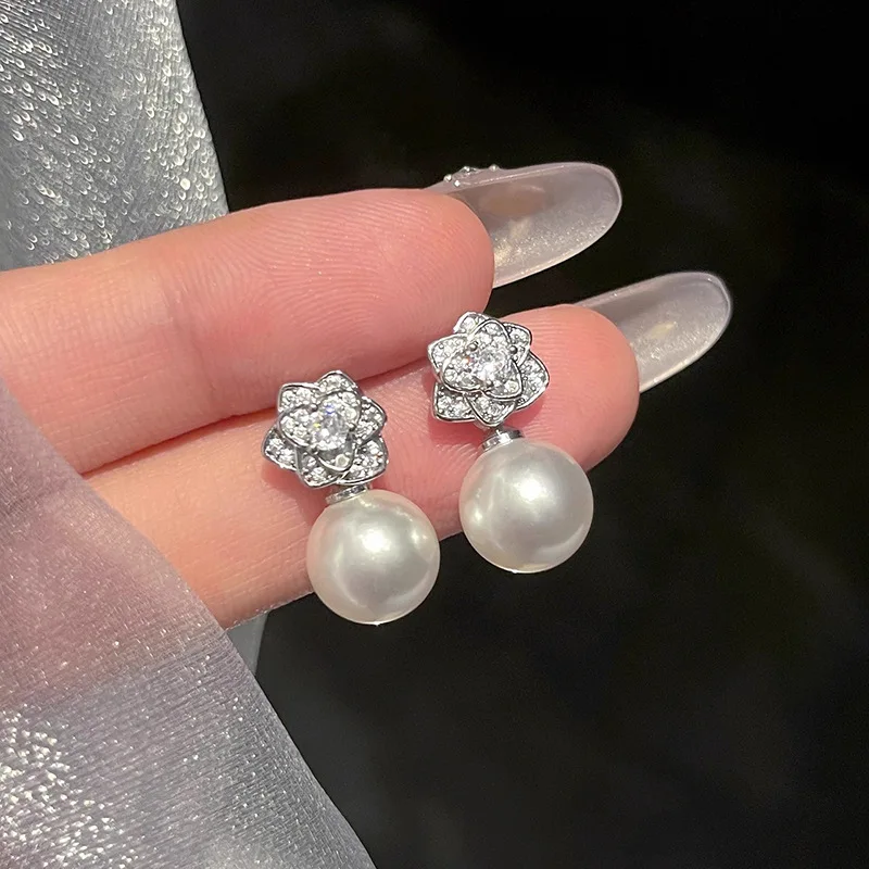 

925 Sterling Silver Geometric Camellia Zircon Pearl Pendant Stud Earring for Women Fine Jewelry High Luxury Vintage Accessories