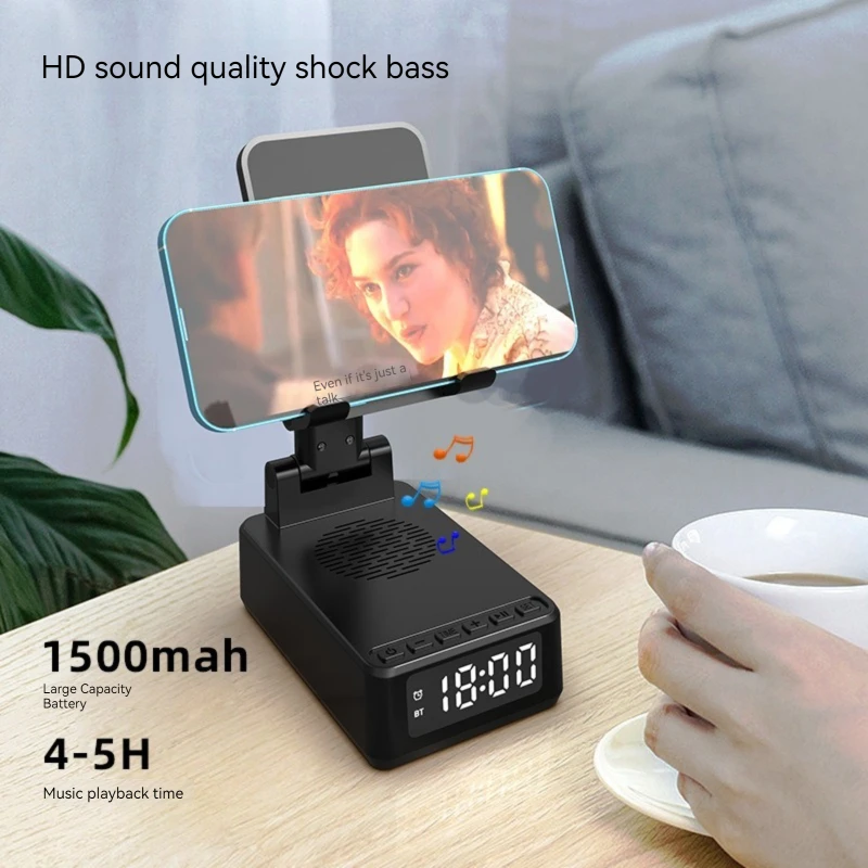 Alarm Clock Phone Stand Wireless Bluetooth Speaker 15W Fast Charging HD Surround Sound Bedroom Office Cell Phone Tablet