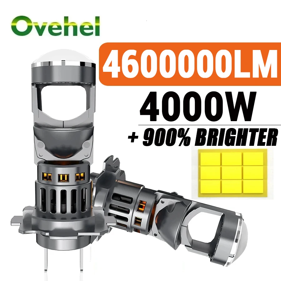 OVEHEL 2 Piezas H7 Bi LED Luces para Auto Mini Proyector Lente 4600000LM 4000W H8 H9 H11 h4 9006 9005 HB3 HB4 CSP 12V 6000K Foco