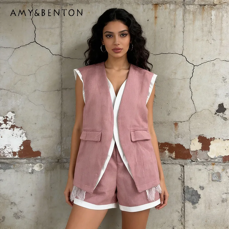 

Literary Casual Style Women's Suit 2026 New Sleeveless V-neck Loose Straight Vest High-waisted Lace Splicing Shorts Set Ladies