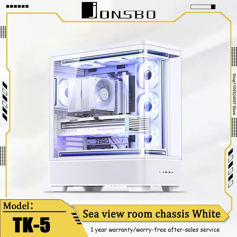 

JONSBO TK-5 Sea View Room Column-free Hyperboloid Glass Side Transparent 360 Water-cooled TypeC Gaming ATX Computer Case White