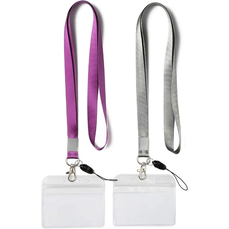 

2 Pack Horizontal Clear ID Badge Holders with Office Neck Lanyards with ClipPurple Grey Lanyard with Heavy Duty id Holder PVC m