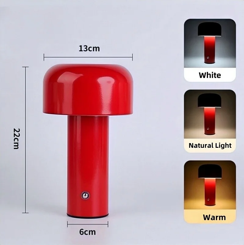 LED Mushroom Night Light - Touch adjustable brightness+wireless charging, bedroom, office, portable cordless light