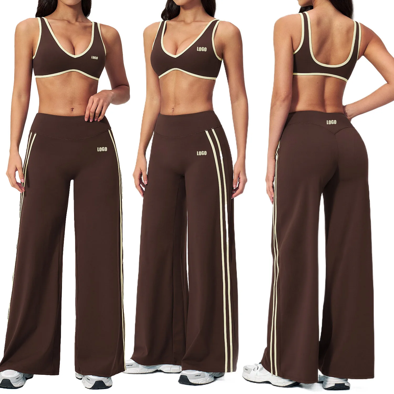 Custom LOGO women's tight yoga color block rest quick-drying fitness clothes running sports bra wide-leg pants two-piece set