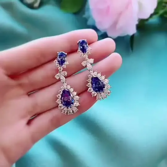 

S925 silver drop pear-shaped diamond sapphire zircon earrings earrings female long Japanese and Korean exquisite earrings