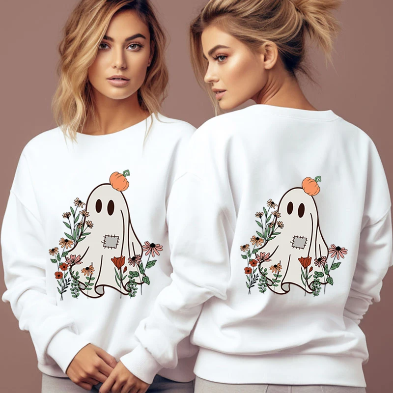 

Halloween Pumpkin Ghost Hoodie Women Long Sleeve Classic Pullover Funny Wild Flower Ghost Streetwear Fleece Halloween Sweatshirt