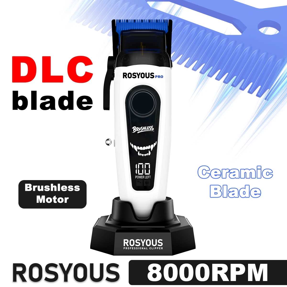 Professional Hair Clipper Brushless Motor DLC Blade with Base Charger LED Display Hair Cutting Machine Hair Trimmer for Men 106
