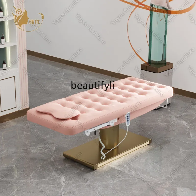 Cama elétrica beleza para salão de beleza, massagem facial cama, tatuagem cílios cama, base dourada, novo