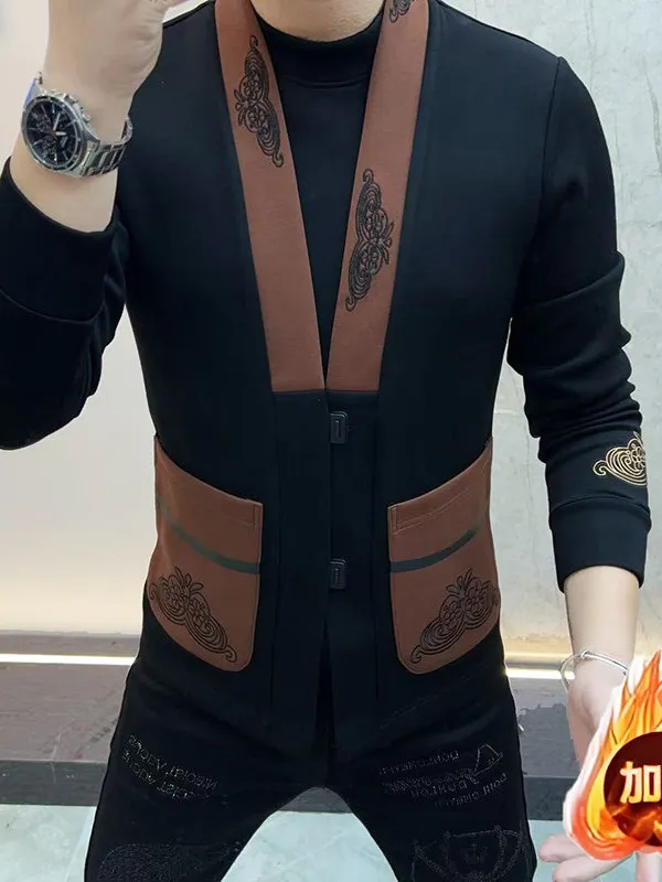 

Ele Embroidered Fce Lined Stand Collar Chinese Sle Men's Sweatirt Jaet Breathable Wear Resistant Elastic Busines...
