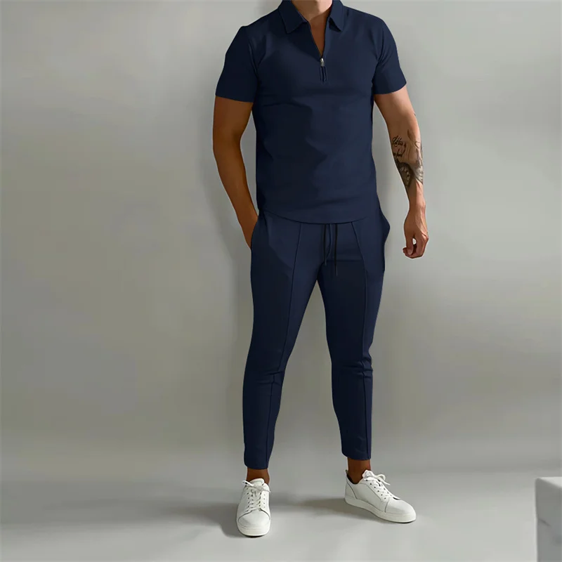 2023 Summer Sports Two-piece Sets Men\'s Short Sleeve Zipper Lapel POLO Shirt Slim Fit Long Pants Daily Casual Commuter Male Suit