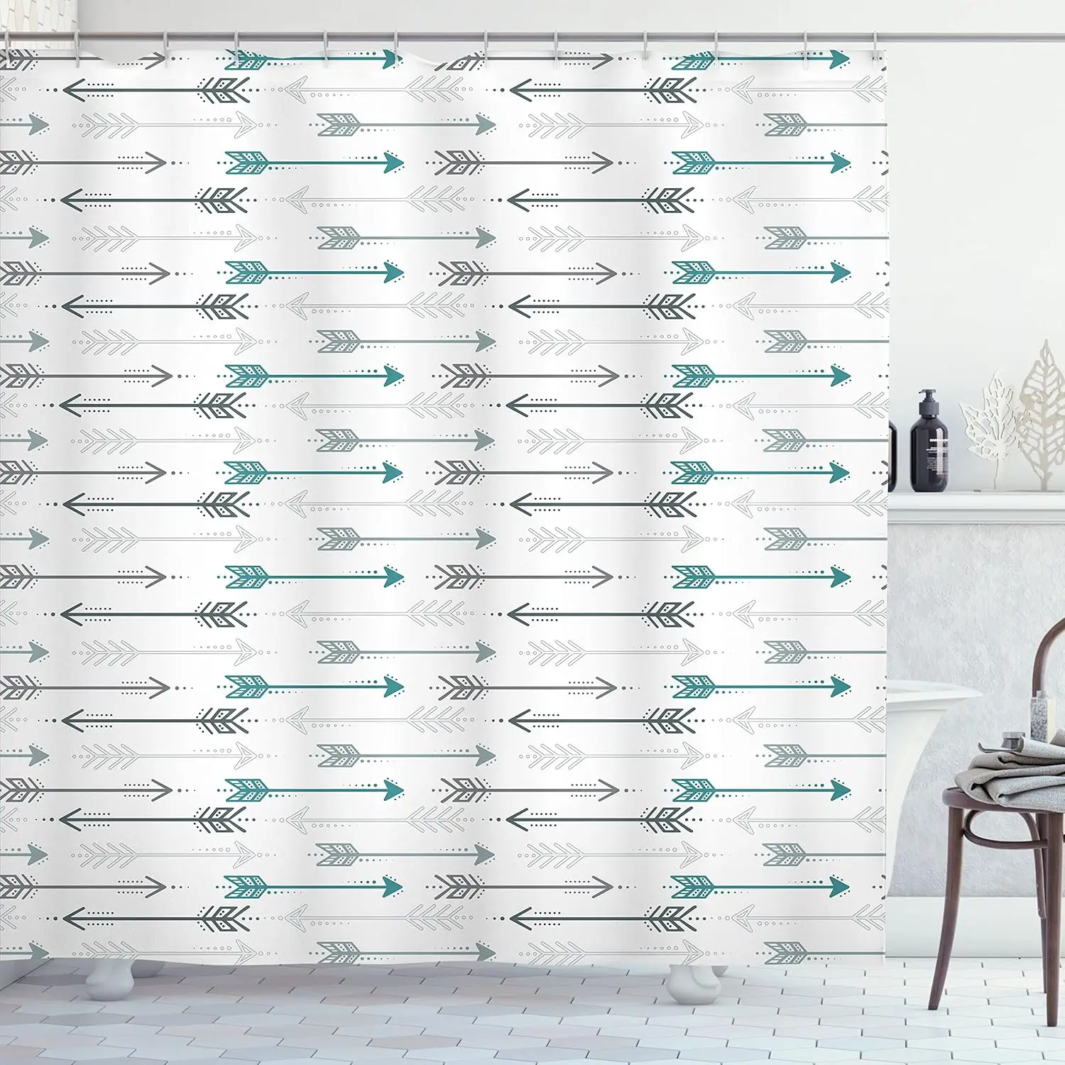 Teal Shower Curtain,Retro Arrow Pattern in Horizontal Line Heading to Opposite Directions Art Print, Cloth Fabric Bathroom Decor