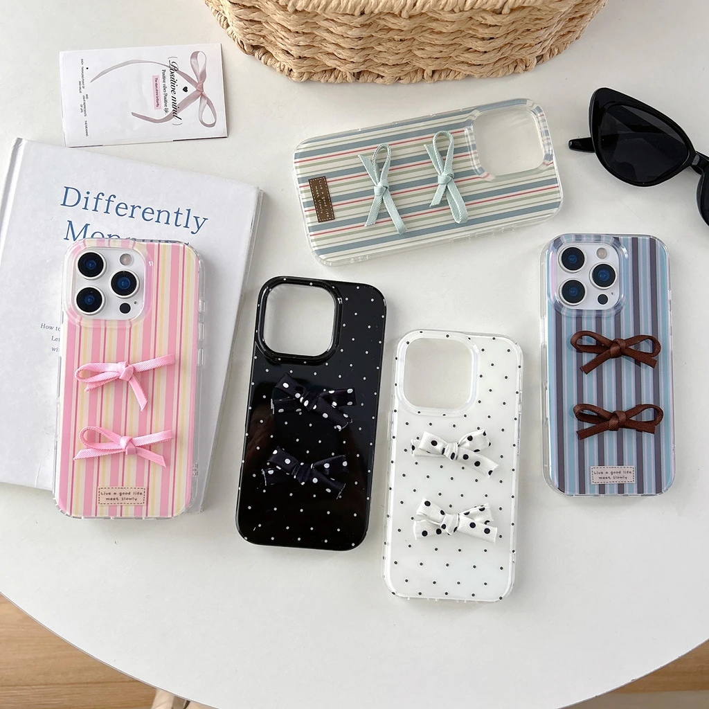 

Simple Full Screen Vertical Stripes Wave Point Stereoscopic Bowknot Decoration Phone Cover Case for iPhone 16 15 14 13 Pro Max