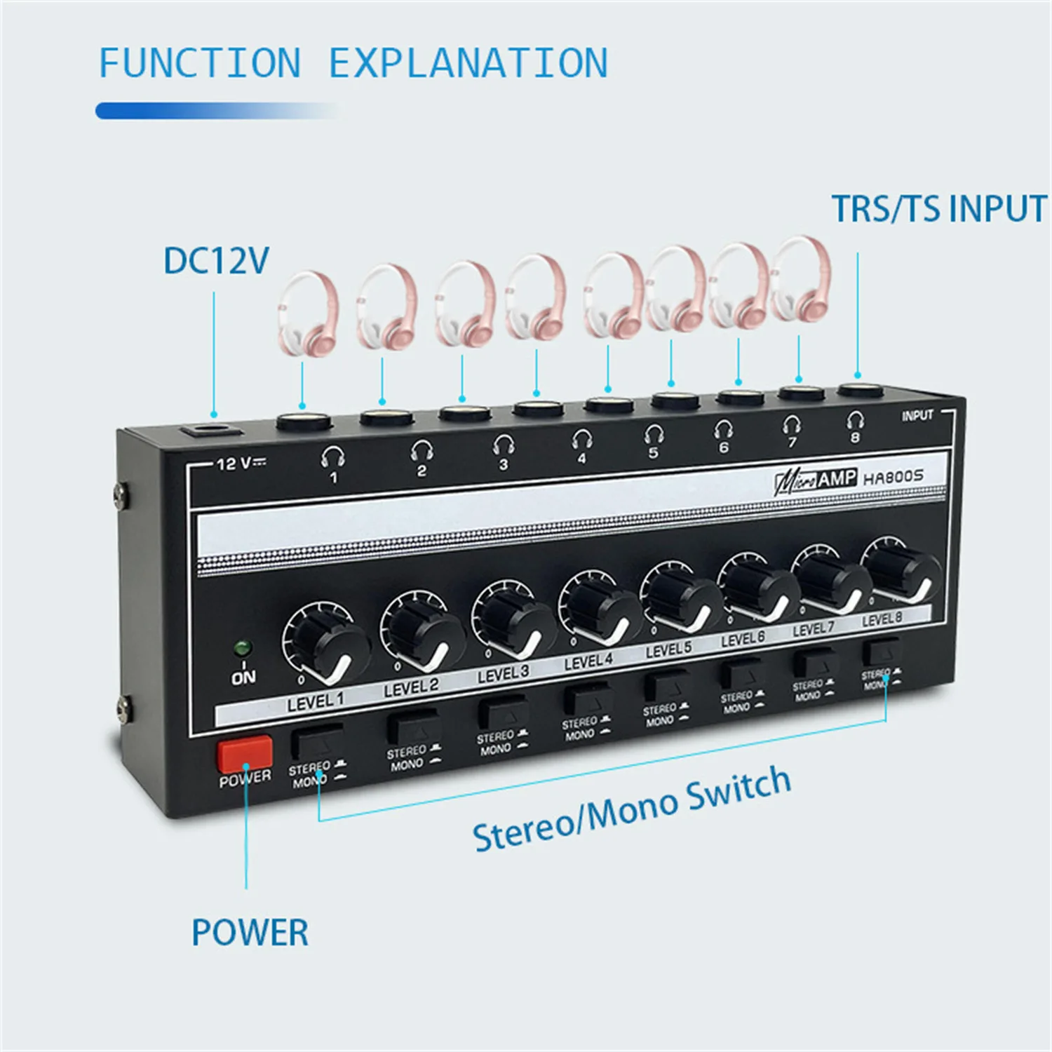 GAX-HA800S 8-قناة مراقبة ستيريو/أحادية التبديل مضخم ضوت سماعات الأذن منخفضة الضوضاء خلاط مضخم ضوت سماعات الأذن إشارة الموزع