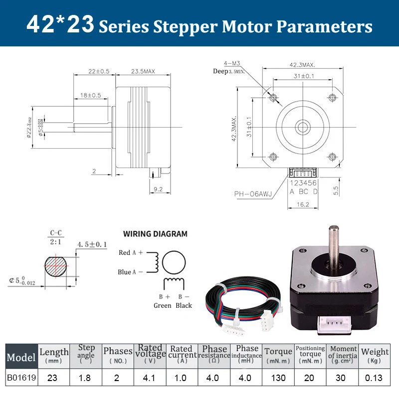 Motor paso a paso Nema 17 para impresora 3D, fresadora de grabado CNC, 2 fases de altura, 23/33/40/47/48/60mm, 42