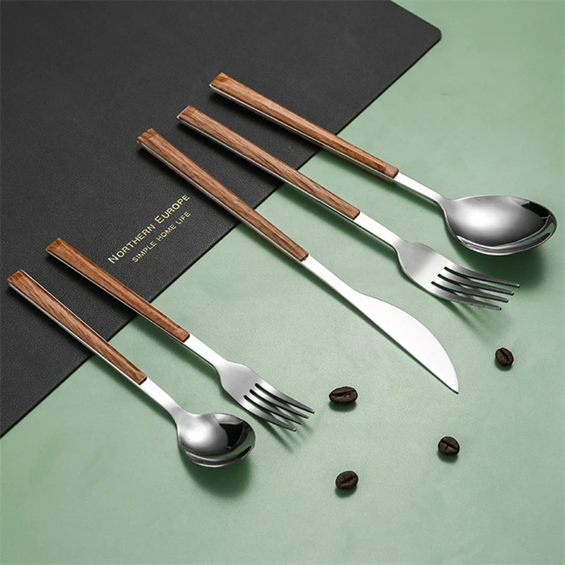 1Pc Wooden Handle Cutlery Stainless Steel Knife Fork Spoon Wooden Flatware Dishwasher Safe Kitchen Tableware Knife Fork Spoon