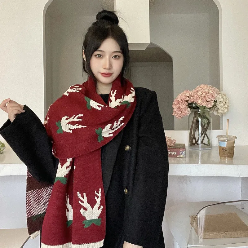 

Red Christmas Deer Scarf, Women's Autumn and Winter Warm Imitation Cashmere , Scarf, Fashion Versatile, Shawl, Dual Use Scarf