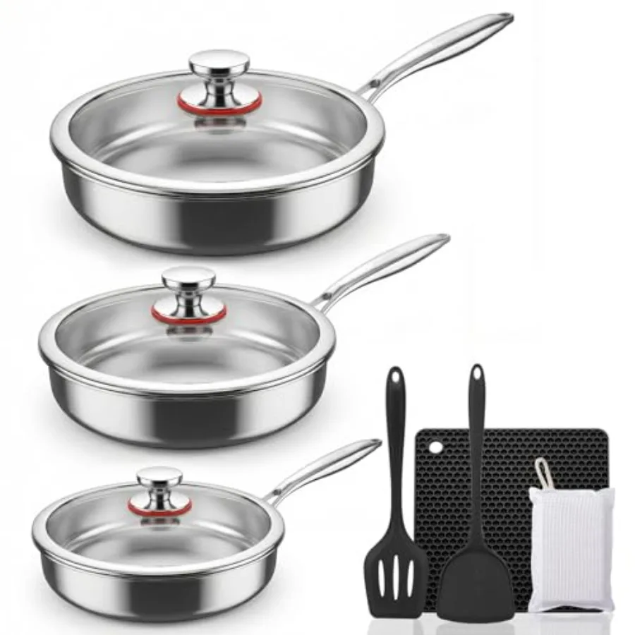 

Tri-Ply Stainless Steel Fry Pan Set with Lids for Kitchen Use, Silver, Dishwasher and Oven Safe, Induction Compatible, Detachab