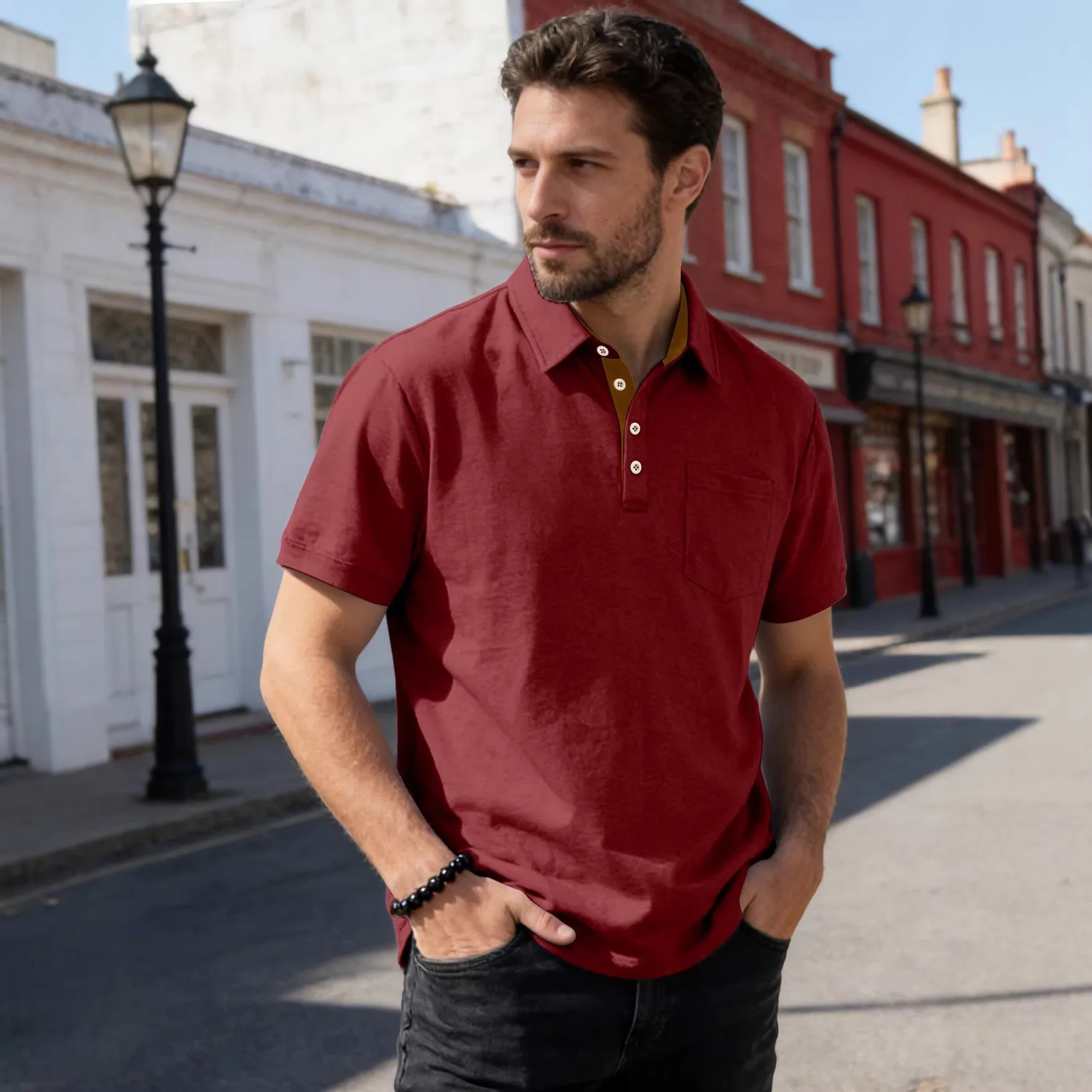 Men's Casual Cotton Shirt Button down Collar T-Shirt Short Sleeve Navy Blue with Chest Pocket And Contrast Placket