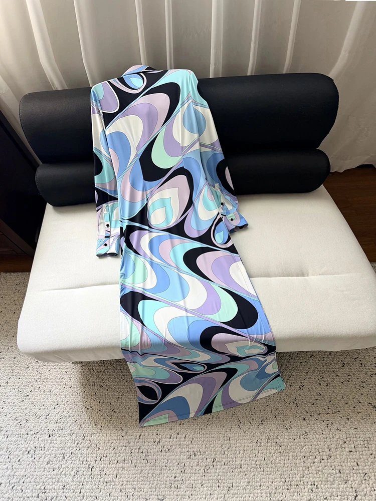 Spring Summer Fashion Vintage Geometric Print Shirt Floor-Length Dress Women's Turn-down Collar Button Long Sleeve Long Dresses