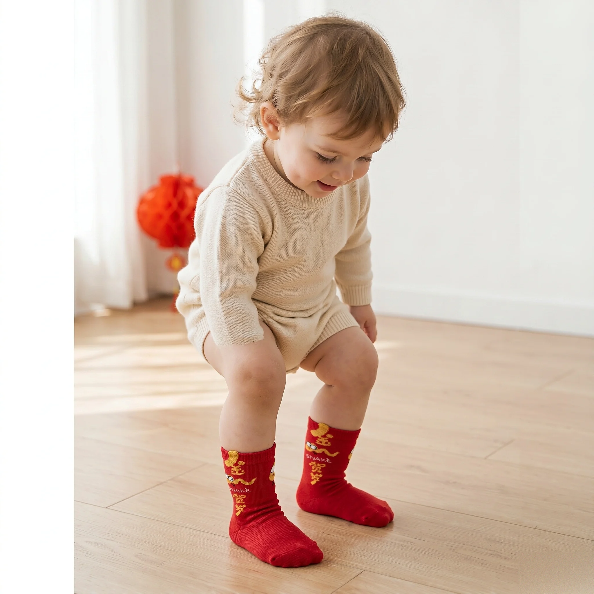 5 Pairs Kids Lunar New Year Red Crew Socks, Long Staple Cotton Seamless Socks, Cartoon Snake & Lion Dance for Boys Girls 1-12Y