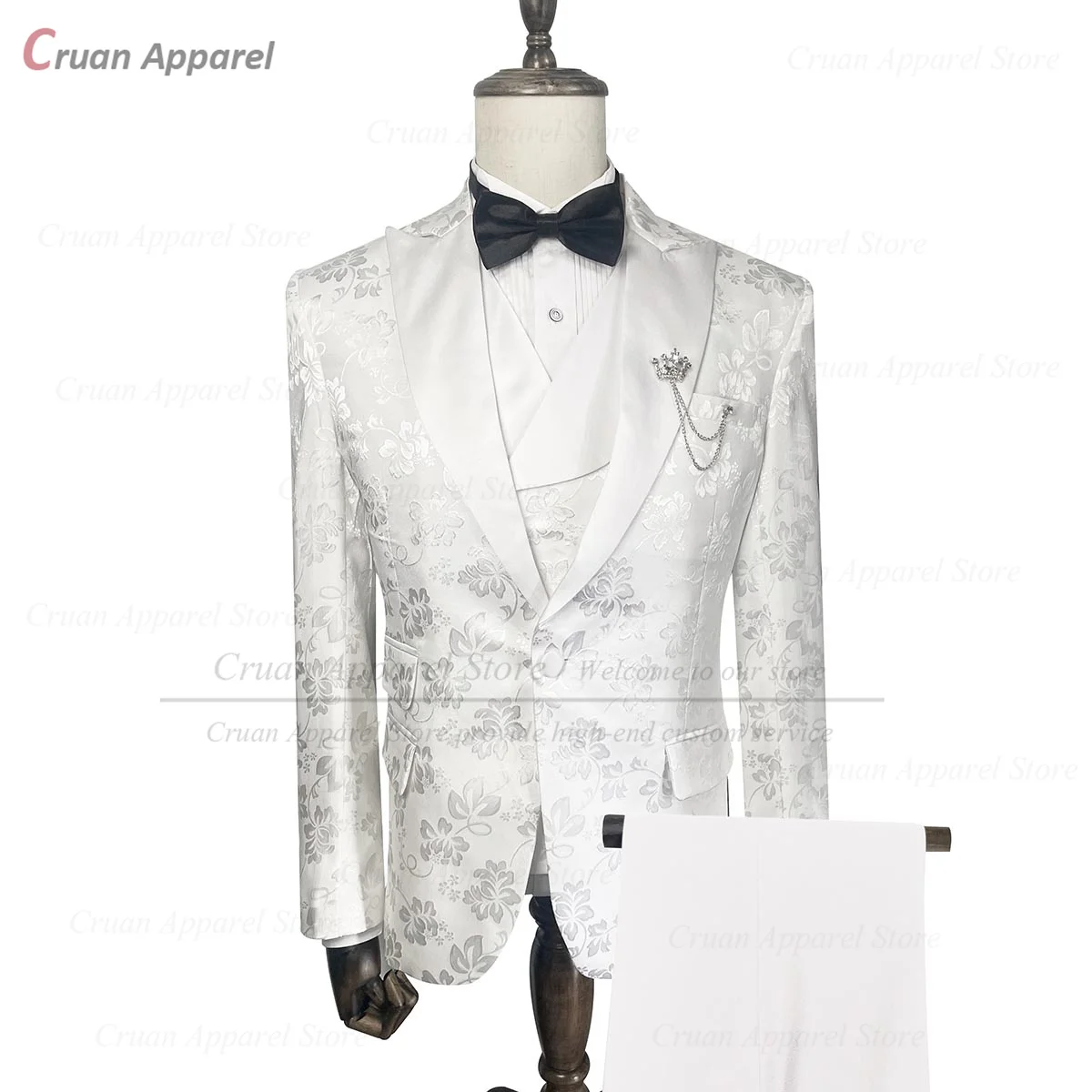 

White Suits for Men 2023 Slim Fit Blazer Vest Pants 3 Pieces Tailor-made Luxury Groom Groomsmen Wedding Floral Printed Tuxedos