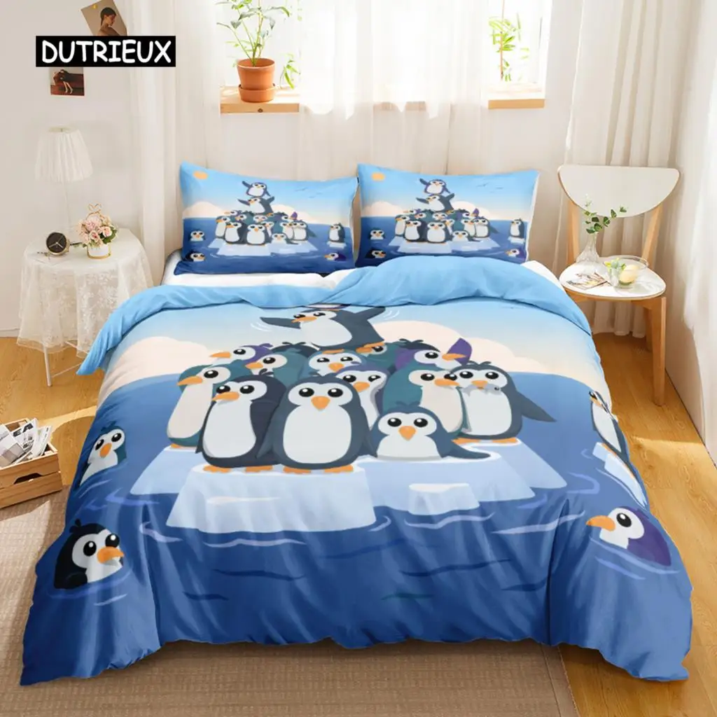 Penguin Duvet Cover Antarctic Animals Duvet Cover for Kids Boys Girls Cartoon Style Twin Size Winter King Polyester Qulit Cover