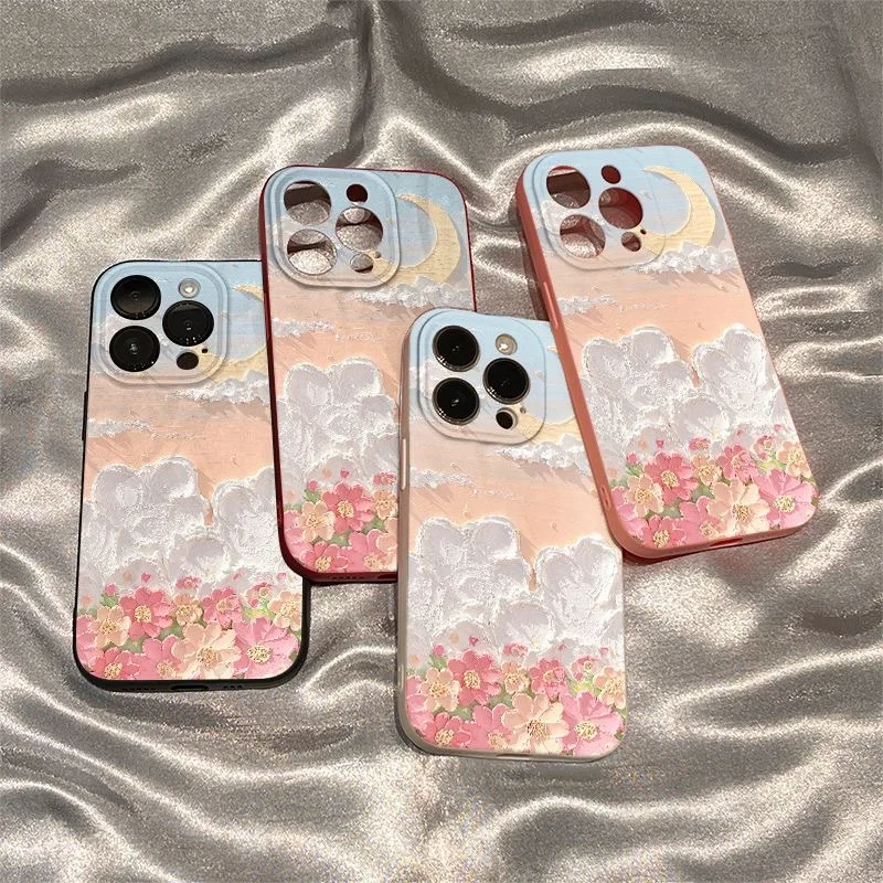 Pleated Oil Painting Moon Shockproof Shockproof Phone Case For iPhone 15 Pro Max 14 Plus 13 12 11 XR X XS 8 7 Cover