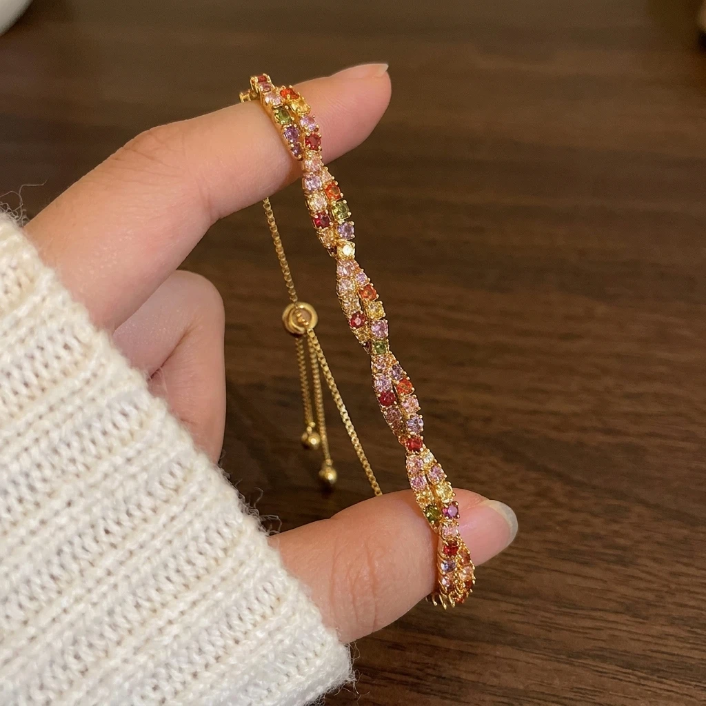 Sweet Colorful Rhinestone Adjustable Drawstring Bracelet Set for Women Fashionable Trendy Layered Flower Jewelry Gift