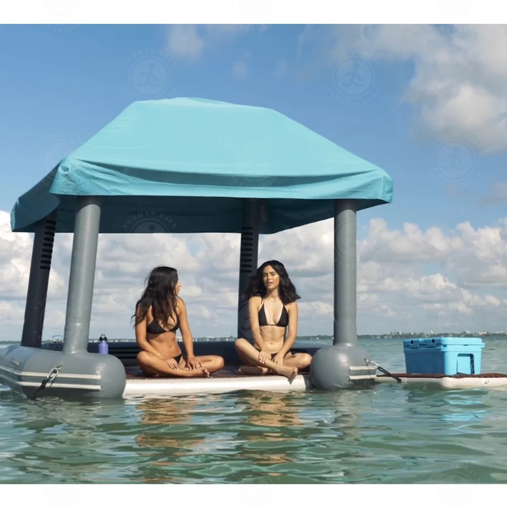 EJIA Newest 8x8 FT Inflatable Floating Island Durable Floating Cabana Raft Floating Shaded Swim Platform With Roof Tent Topper