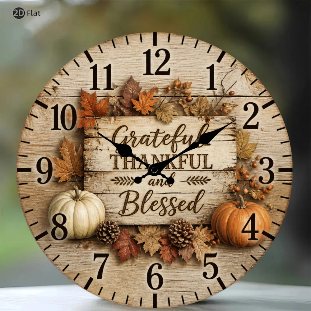 Autumn Pumpkin Harvest 2D Flat Wall Clock 10 Inch Silent Non-Ticking Rustic Grateful Blessed Quote Room Decor