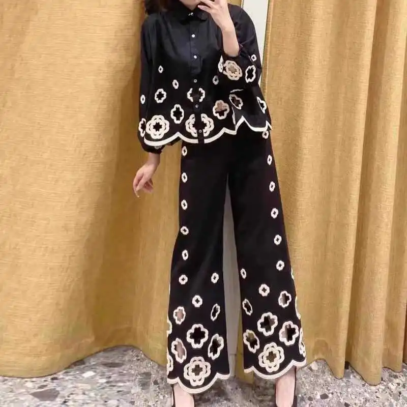 

M Home Spring Summer 2024 Ele Doll Collar Color Blo Floral Hollow out Top with Bell Bot Pants Women's Suit Cotton Lo...