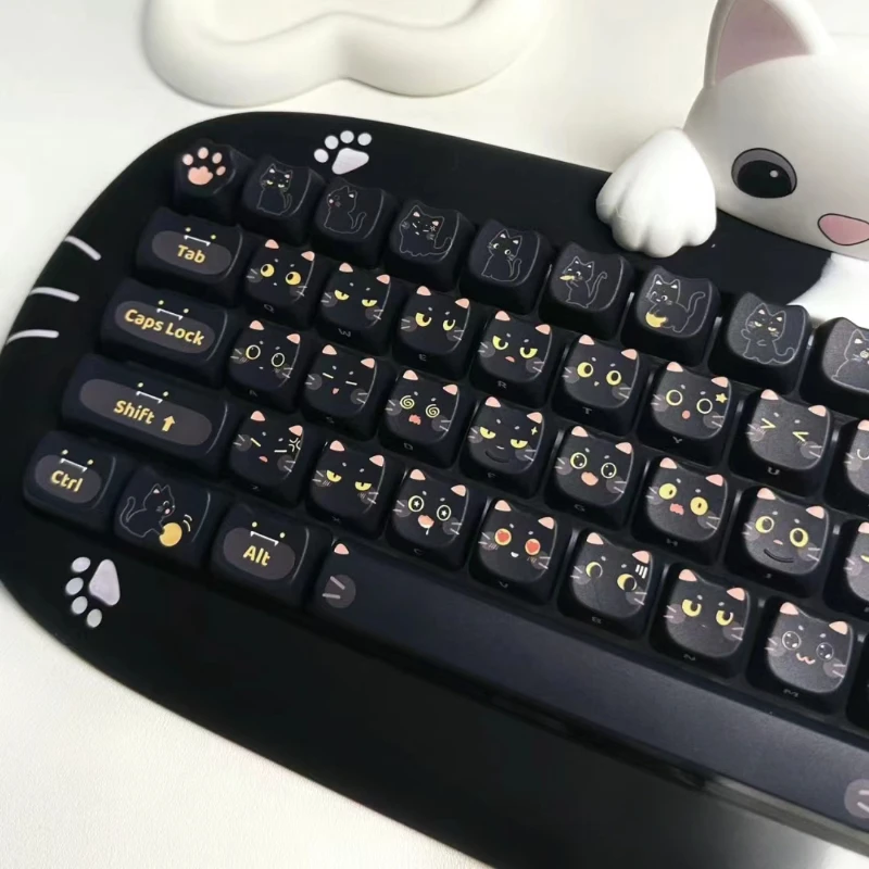 ECHOME Black Cat Theme Keycap 145key Set PBT Dye Cute Kitten Anime Keyboard Cap MAO Profile Key Cap for Mechanical Keyboard