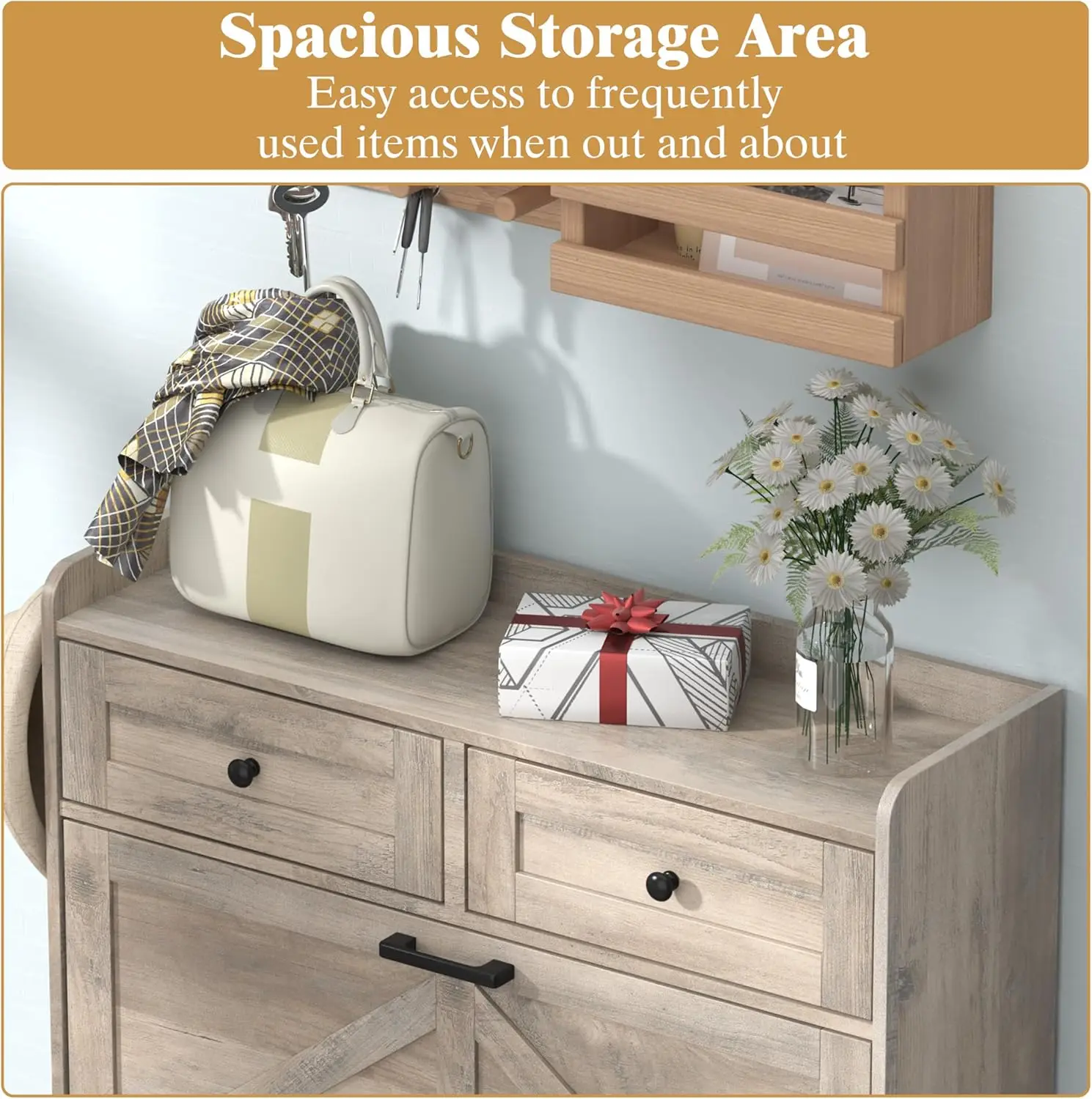 Shoe Cabinet with 2 Flip Drawers & 2 Storage Drawers, Rustic Farmhouse Narrow Shoe Organizer Cabinet, Slim Shoe Rack Cabinet, Sh