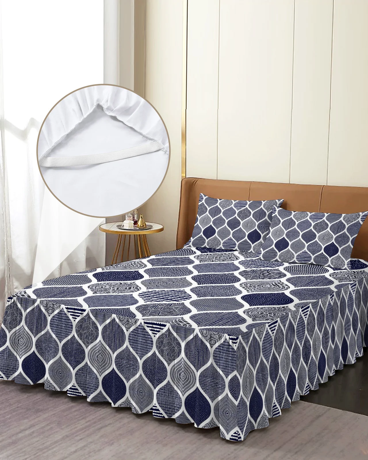 

Geometry Moroccan Texture Blue Bed Skirt Elastic Fitted Bedspread With Pillowcases Mattress Cover Bedding Set Bed Sheet