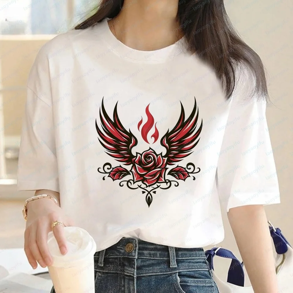 Winged Fire Rose Flower Female Y2K Loose Tee Retro Angel Wing Print Short Sleeve T-shirt Teen Girls Streetwear Casual Tops