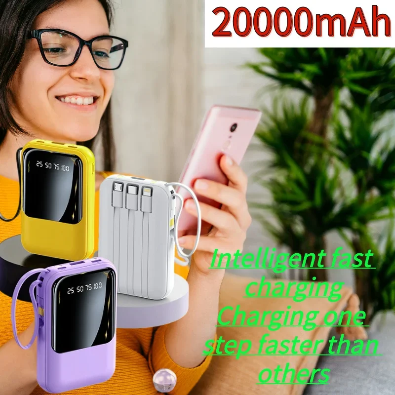 6000-20000mAh built-in 3-wire mini power bank with large capacity, compact and portable mobile power cord, 5 colors