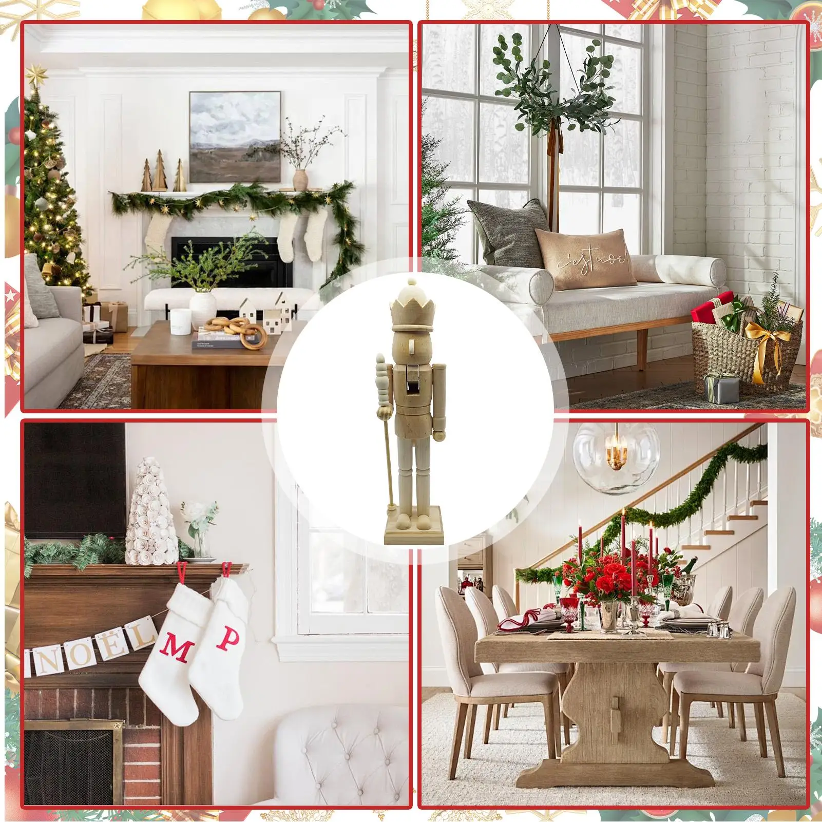 Nutcracker Ornaments 3D Carving Wooden Classic Figurine 38cm Wood Christmas Decor For Holiday Party Kitchen Shelf Bedroom Living