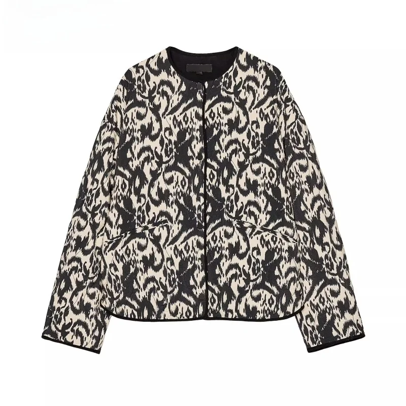 

Spring 2025 New Women's Comfortable Cotton Jaet Long Sve round Ne Animal Print Street Sle Loose Fit Outerwear Coat