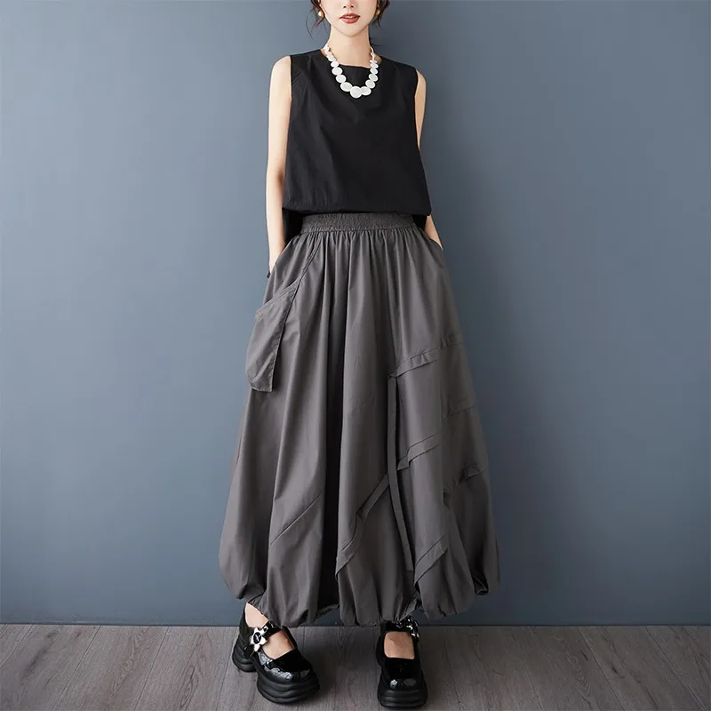 

стрельба в темном стиле, большой карман, нишевый дизайн, плиссированная юбка-пузырь, модная и повседневная пышная юбка-бутон цветка.