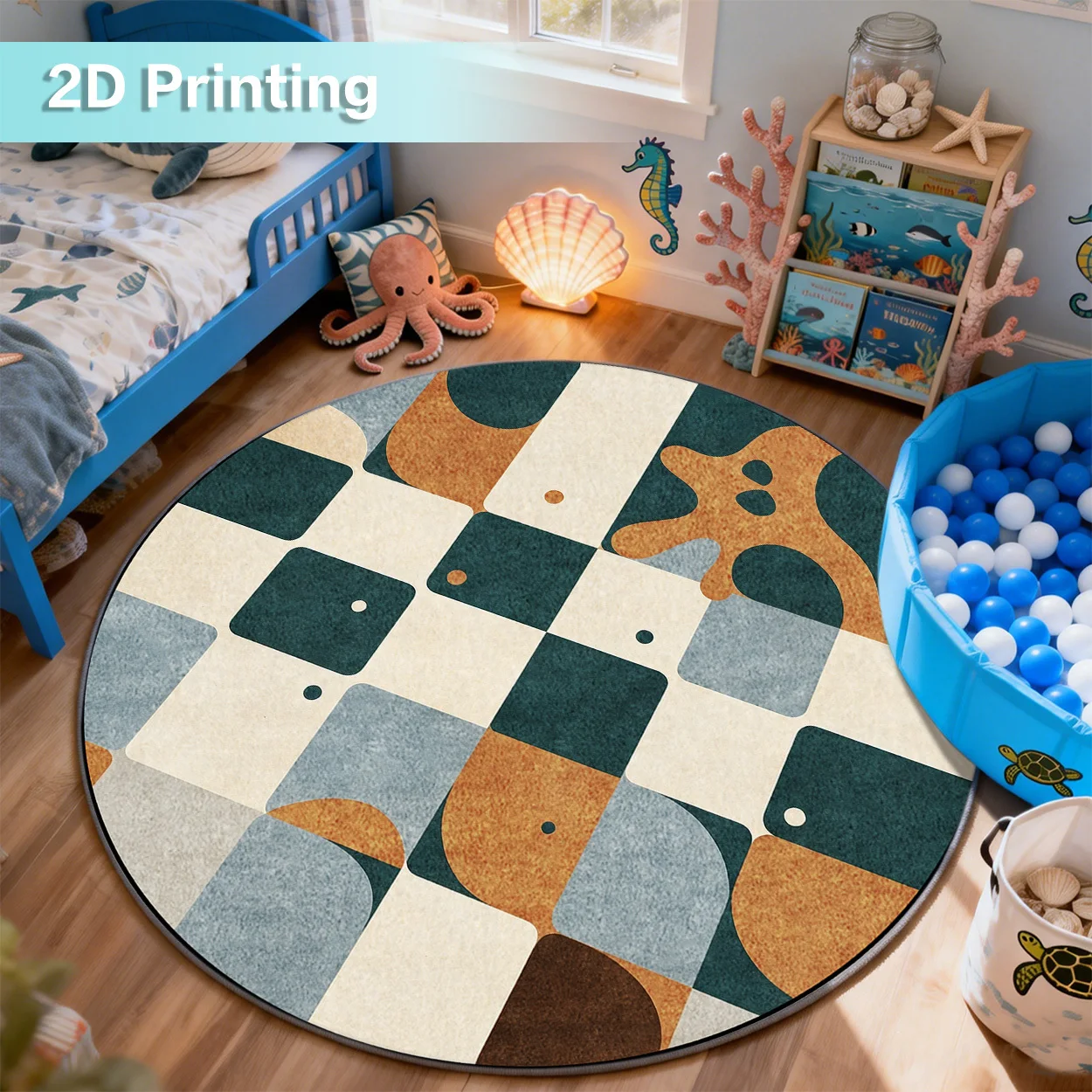2d Printed Dark Green Cream Brown Abstract Geometric Star Round Area Rug Non Slip Floor Mat For Modern Nursery Decor Gift