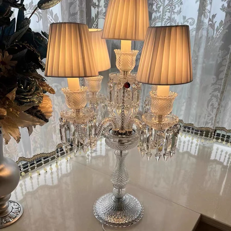 French Luxury Crystal Ornament LED Desk Lamps 5 Heads White Fabric Lampshade Living Room Restaurant Hotel Bedroom Table Lights