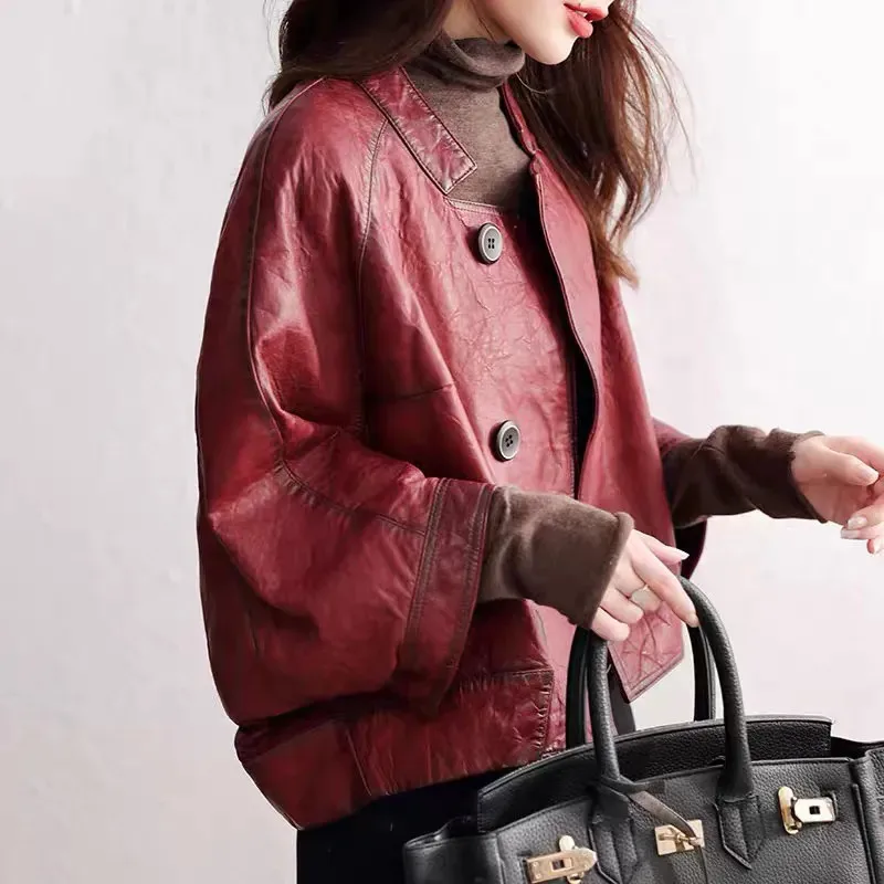 Spring Autumn New PU Leather Short Jacket Windbreaker Women Fashion Vintage Wine Red Leather Coat Loose Jackets Female Outwear